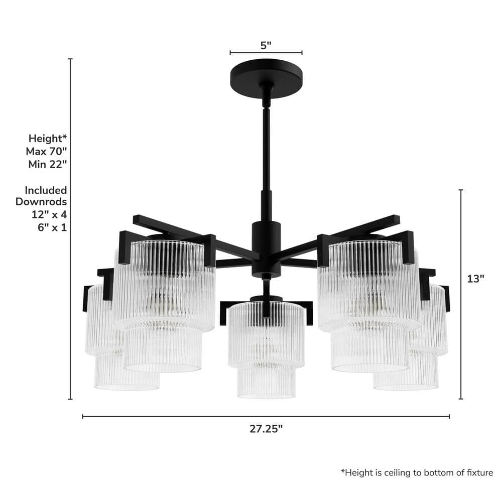 Ontario Matte Black and Clear Glass 5-Light Drum Chandelier