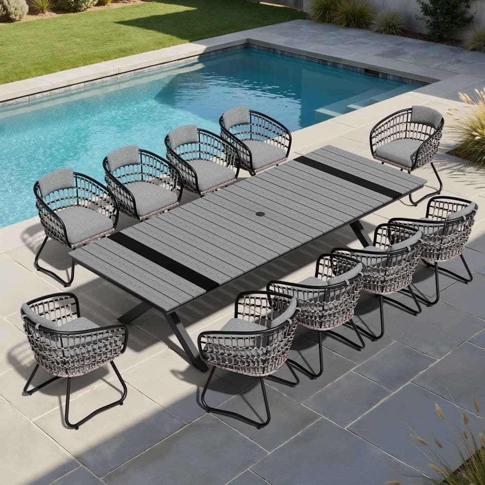 11-Piece 118 in. Dark Gray Wood-Like Aluminum Patio Outdoor Dining Set with Wicker Gray Cushion Chairs price history on PriceWatchPro