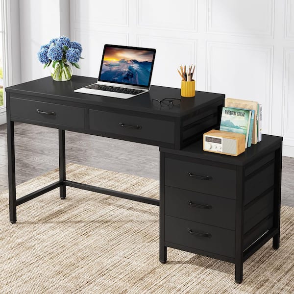 Moronia 51 in. Retangular Black Computer Desk 5-Storage Drawers Home Office Study Writing Table Reversible Cabinet