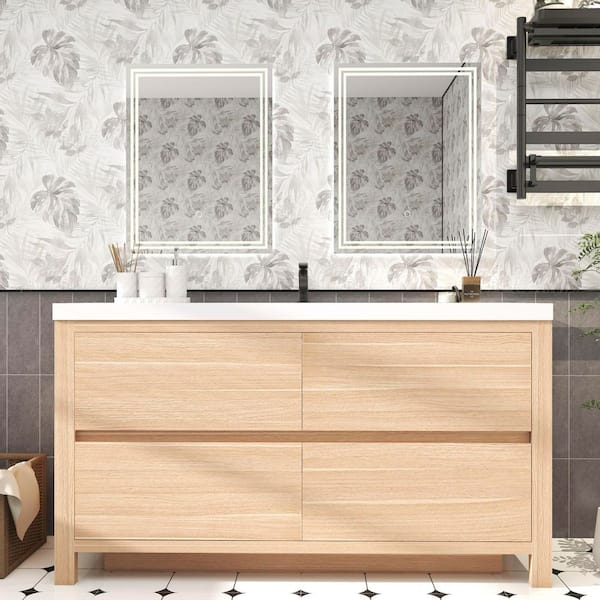 Louis 59 in. W x 20 in. D x 35 in. H Single Sink Freestanding Bath Vanity in Champagne Oak with White Acrylic Top
