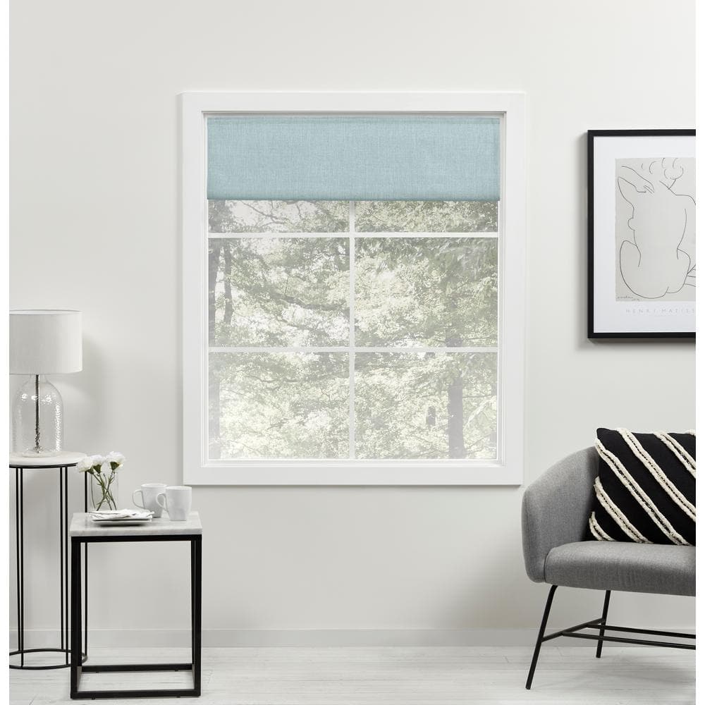 Acadia Aqua Cordless Blackout Roman Shade with Linen Look Fabric, 34" x 64"