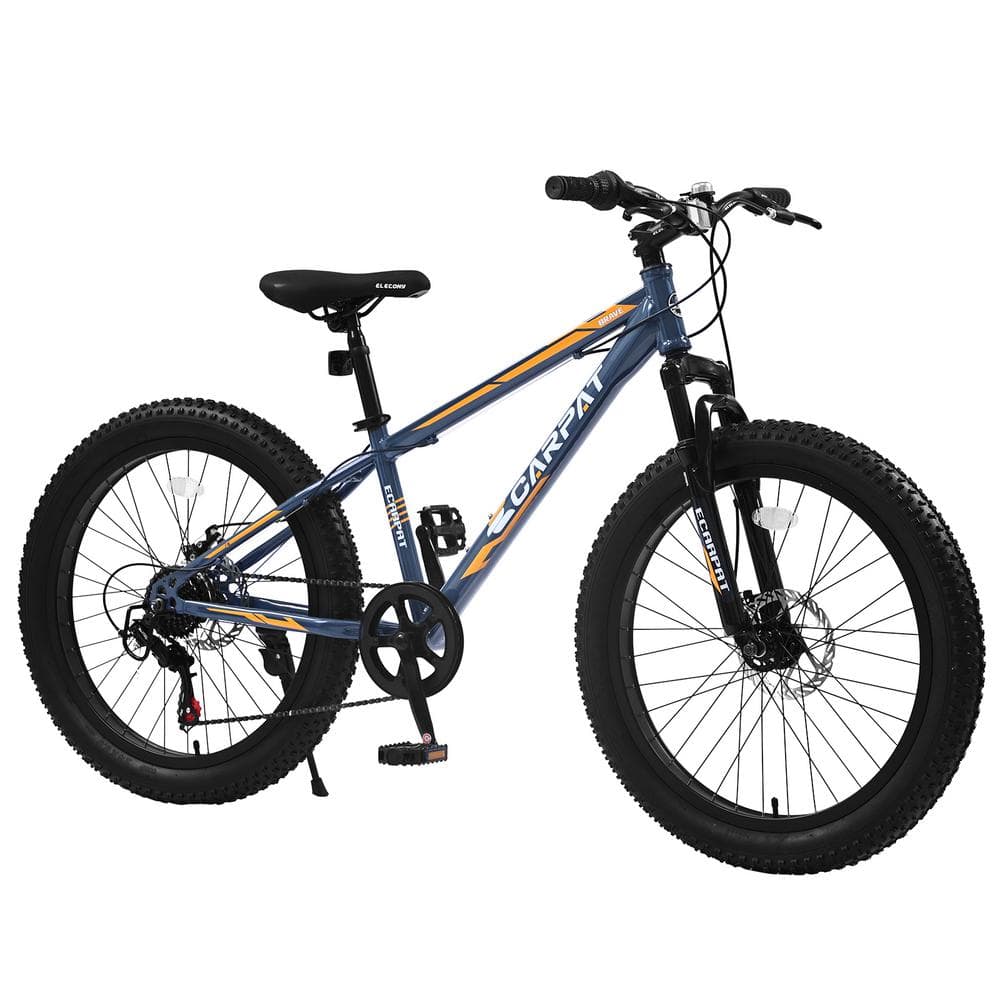 Afoxsos Blue/Orange 24 Inch Fat Tire Mountain City Bike with High-Carbon Steel Frame, Full Shimano 7 Speeds, Dual Disc Brake HDMX3010