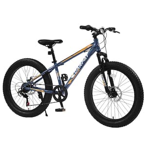 Blue/Orange 24 Inch Fat Tire Mountain City Bike with High-Carbon Steel Frame, Full Shimano 7 Speeds, Dual Disc Brake