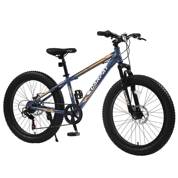 Afoxsos Blue/Orange 24 Inch Fat Tire Mountain City Bike with High-Carbon Steel Frame, Full Shimano 7 Speeds, Dual Disc Brake