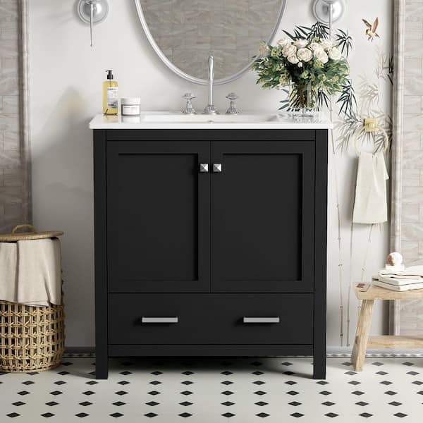 30 in. Single Sink Freestanding Black Bath Vanity with White Ceramic Top, Removable Divider, Powerful Storage