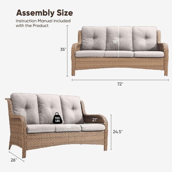 WellCane 3-Seat Yellow Wicker Outdoor Couch Patio Sofa with High Curvy Back, and Thick Beige Cushions