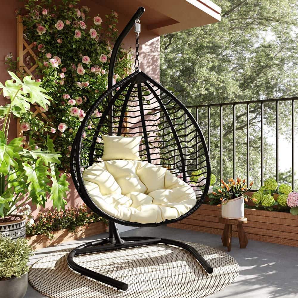 サンダース Black Metal Patio Swing Egg Chair with Beige Cushion,Patio Rattan