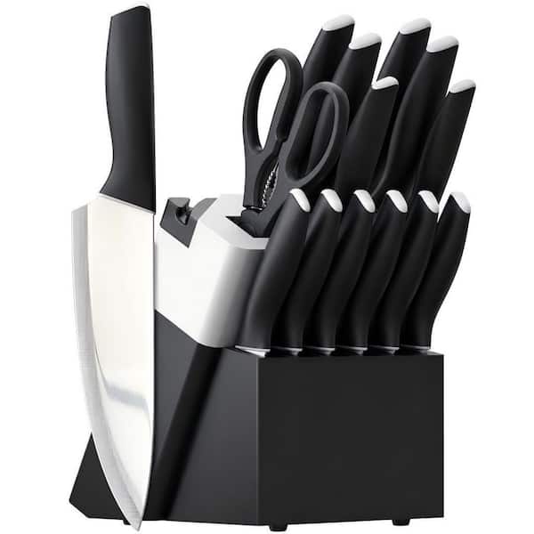 15-Piece Kitchen Knives Set with Block and Sharpener, Stainless Steel Knives with Ergonomic Handle, Black