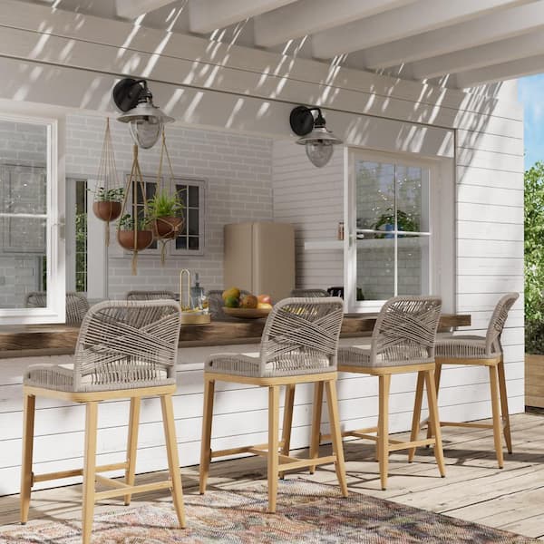 Aluminum Rope-Woven Outdoor Bar Stools with Natural Wood Color Cushions (Set of 4)