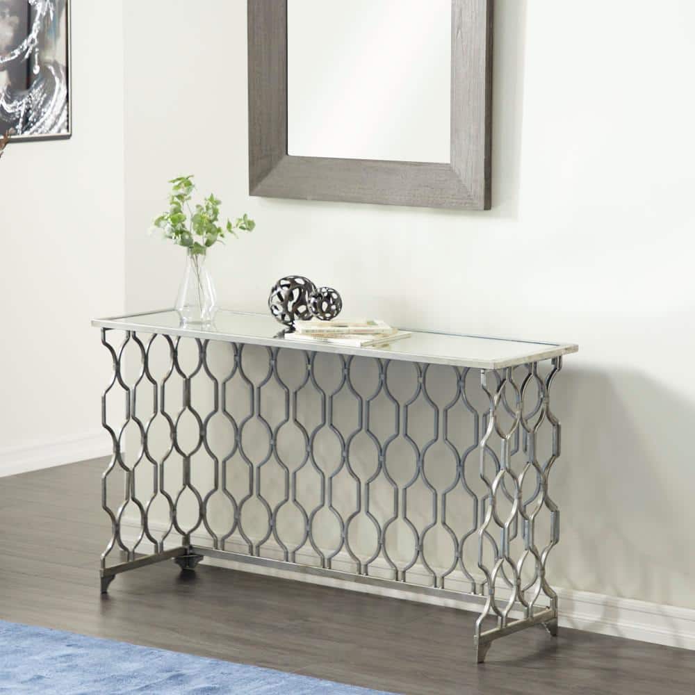Silver Metal Console Table with Mirrored Glass Top and Trellis Pattern
