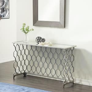 55 in. Silver Extra Large Rectangle Metal Geometric Console Table with Mirrored Glass Top