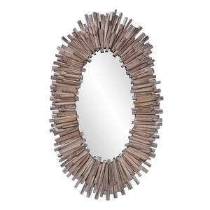 Large Oval Natural Wood With Gray Wash Art Deco Mirror (49 in. H x 30 in. W)