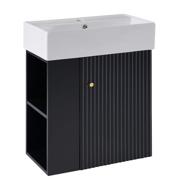 21.6 in. Floating Black Bath Vanity with White Ceramic Top, Left Side Storage