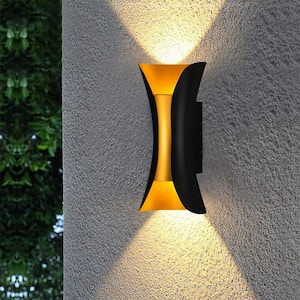 2-Light Black and Gold Aluminium Integrated LED Waterproof Wall Lantern Sconce, Modern Wall Lamp for Hallway Porch