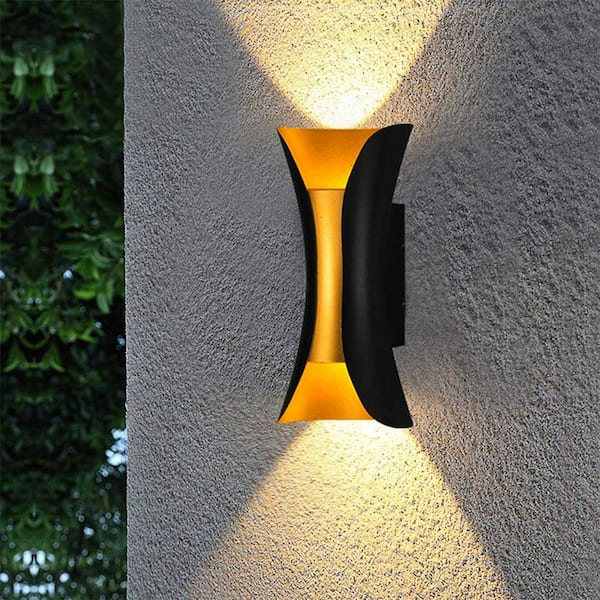 YANSUN 2-Light Black and Gold Aluminium Integrated LED Waterproof Wall Lantern Sconce, Modern Wall Lamp for Hallway Porch