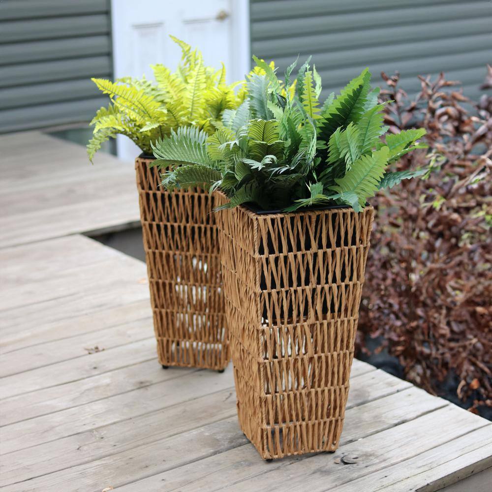 Barley Poly-Wicker Tall Planters with Black Plastic Insert - Set of 2