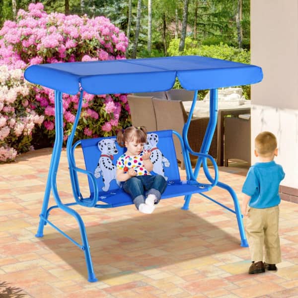 2-Person Blue Metal Outdoor Porch Swing Kids Patio Swing Bench with Sunbrella