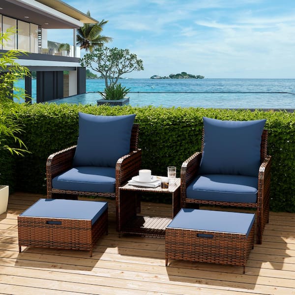Poteban 3 of Piece Brown Wicker/Rattan Patio Conversation Sets With Navy Cushion