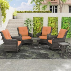 6-Piece Wicker Patio Conversation Set Swivel Rocking Chairs with Orange Cushions