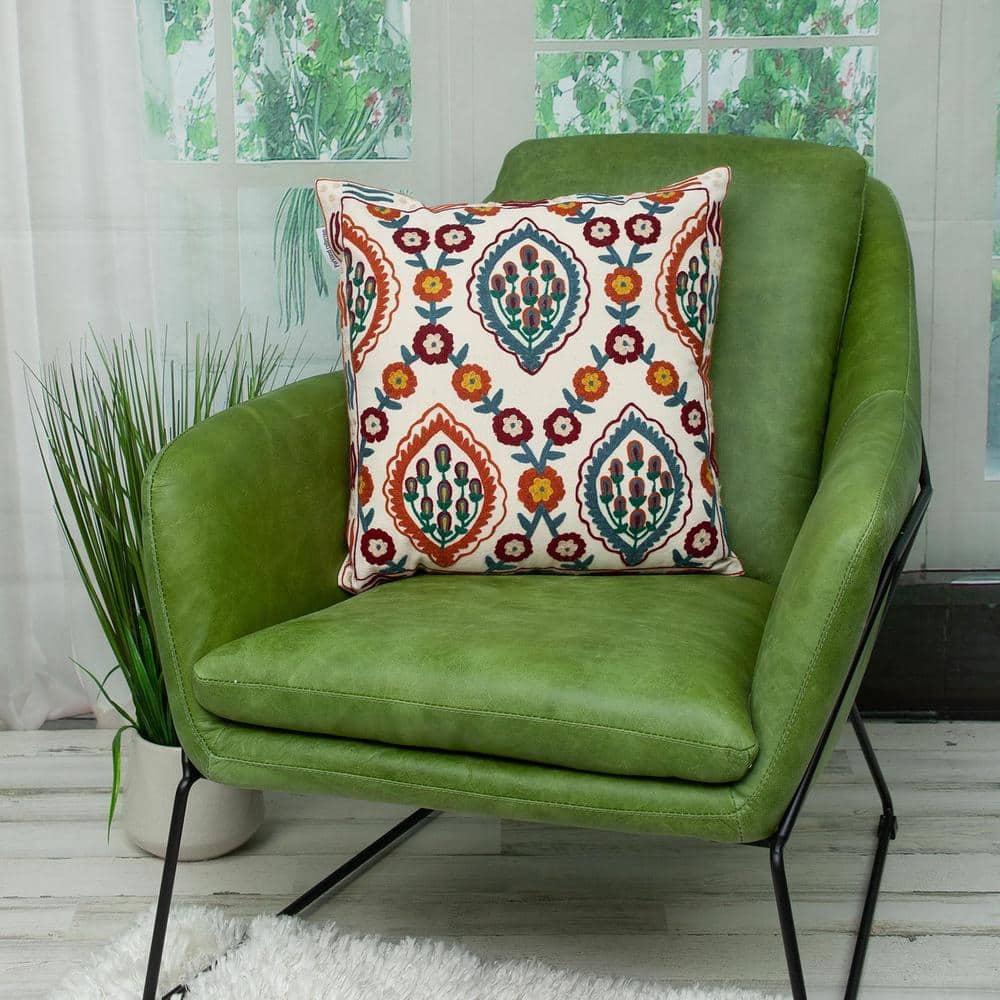 Florina Beige and Multicolor Cotton Embroidered Square Pillow
