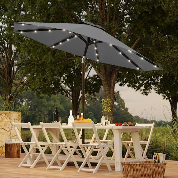 Sonkuki 9 ft. Steel Solar Lights Market Patio Umbrella Table Umbrella for Patio and Outdoor With Tilt Button in Gray
