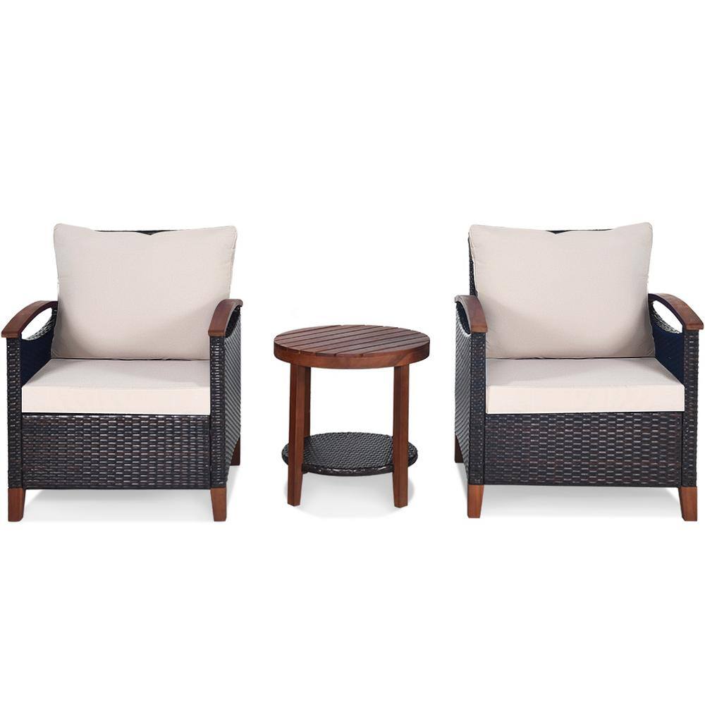 3-Piece Rattan Wood Patio Conversation Set With Beige Cushions and Round Wood Table price history on PriceWatchPro