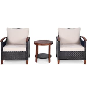 3-Piece Rattan Wood Patio Conversation Set With Beige Cushions and Round Wood Table
