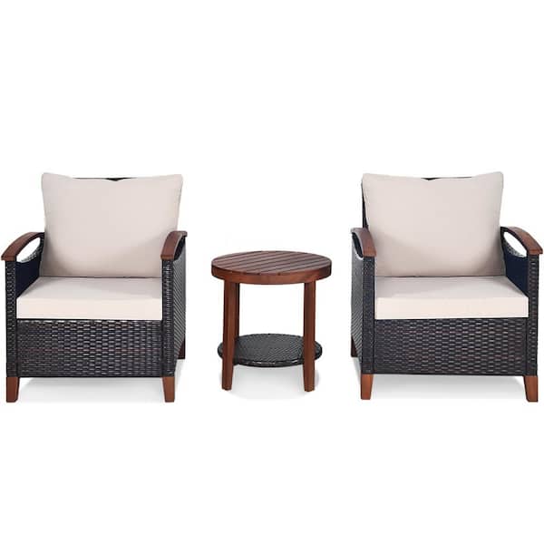 FORCLOVER 3-Piece Rattan Wood Patio Conversation Set With Beige Cushions and Round Wood Table