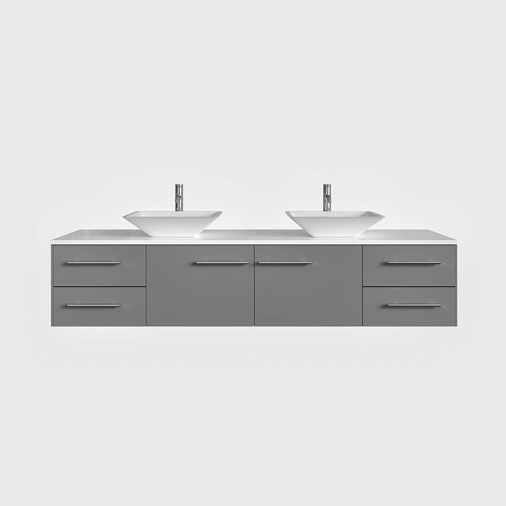 Gray Modern Double Sink Wall-Mount Bathroom Vanity with White Quartz Top