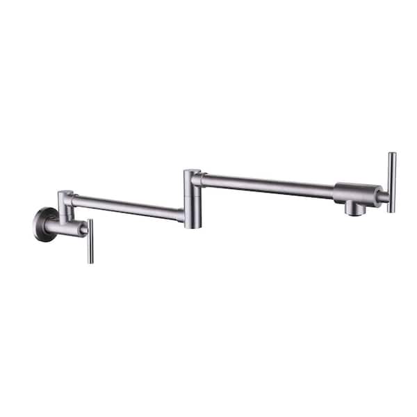 FLG Commercial Wall Mounted Pot Filler with Lever Handle Brass Free Rotating Kitchen Sink Faucet in Brushed Nickel
