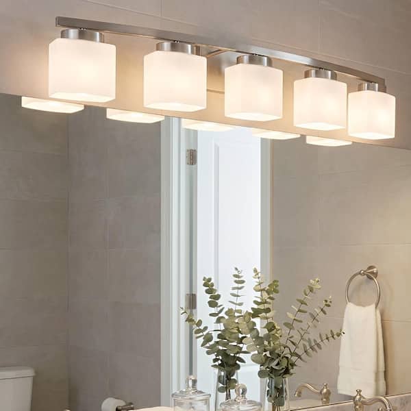 41 in. 5-Light Nickel Rectangular Vanity Light for Bathroom Mirror Bedroom Wall, Modern Fixture with White Glass Shades