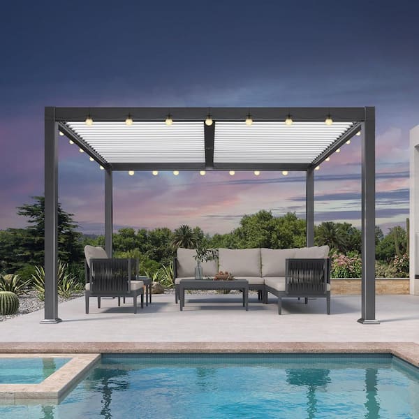 10.2 ft. x 12.3 ft. Gray Aluminum Outdoor Louvered Pergola with White Adjustable Roofs and Solar String Lights