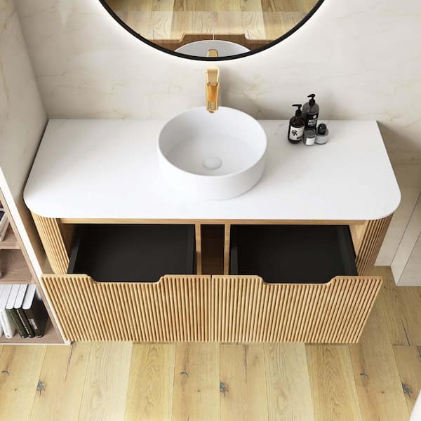 Yingze 48 in. Wall Mounted Single Sink Natural Wood Bath Vanity