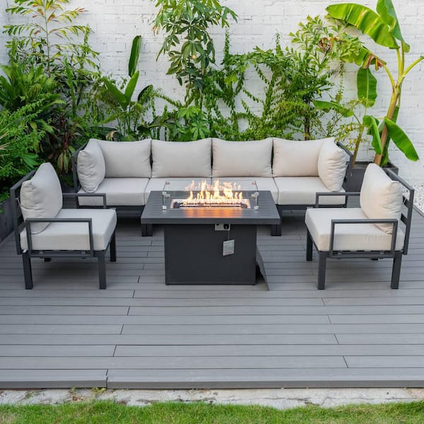 Leisuremod Chelsea Modern Black 7-Piece Aluminum Patio Sectional Seating Set with Fire Pit Table and Beige Cushions