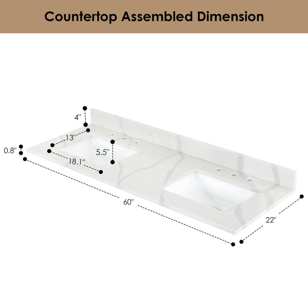 Calacatta White 60" Quartz Stone Vanity Top with Double Sink