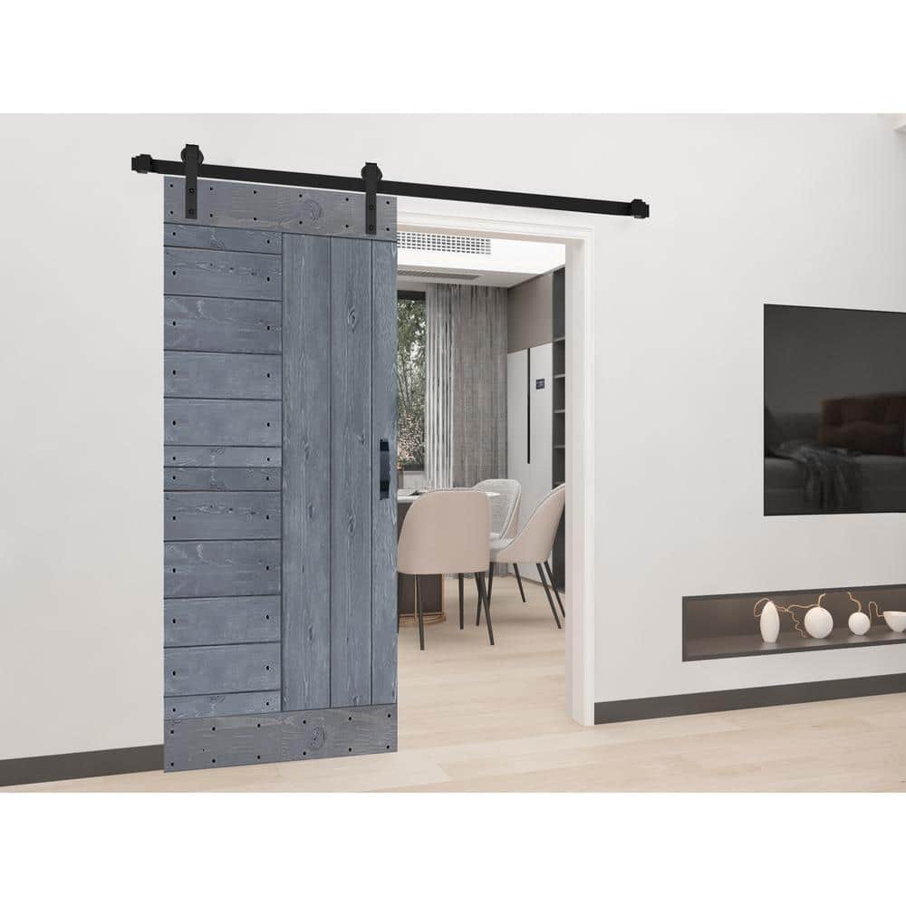 Dark Gray Solid Wood Sliding Barn Door Kit with Black Hardware