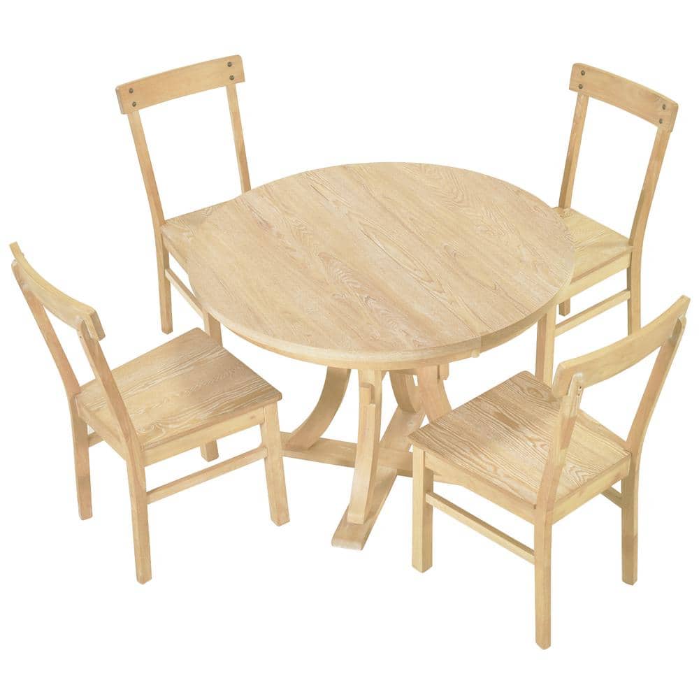 Light Brown 5-Piece Wood Outdoor Dining Round Pedestal Extendable Table Set