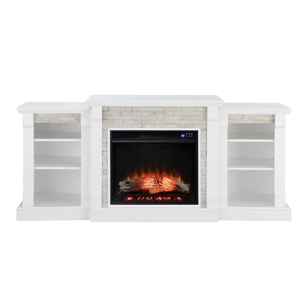 Southern Enterprises Nordena 71.75 in. Touch Panel Electric Fireplace in White w/White Faux Stone
