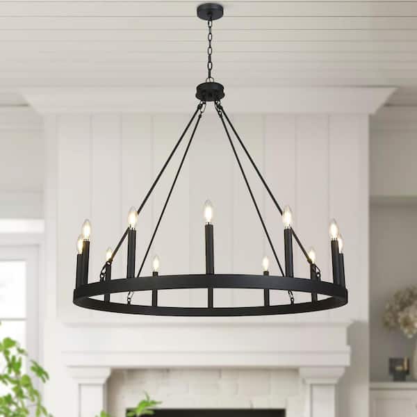 Modern 39.4 in. Large 12-Light Black Wagon Wheel Chandelier for Living Room Candlestick Chandelier Foyer Pendant