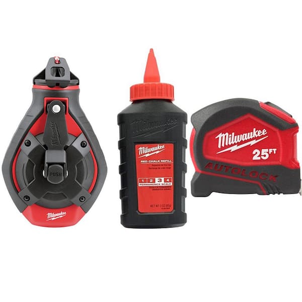 Milwaukee 100 ft. Bold Line Chalk Reel Kit with Red Chalk and 25 ft. Compact Auto Lock Tape Measure