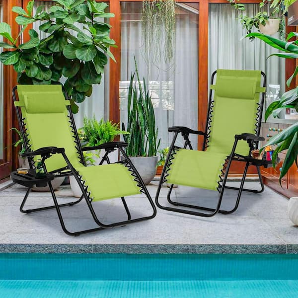Unbranded Alloy Steel Zero Gravity Adjustable Folding Reclining Outdoor Lounge Chair with Pillow and Cup Holder in Green Set of 2