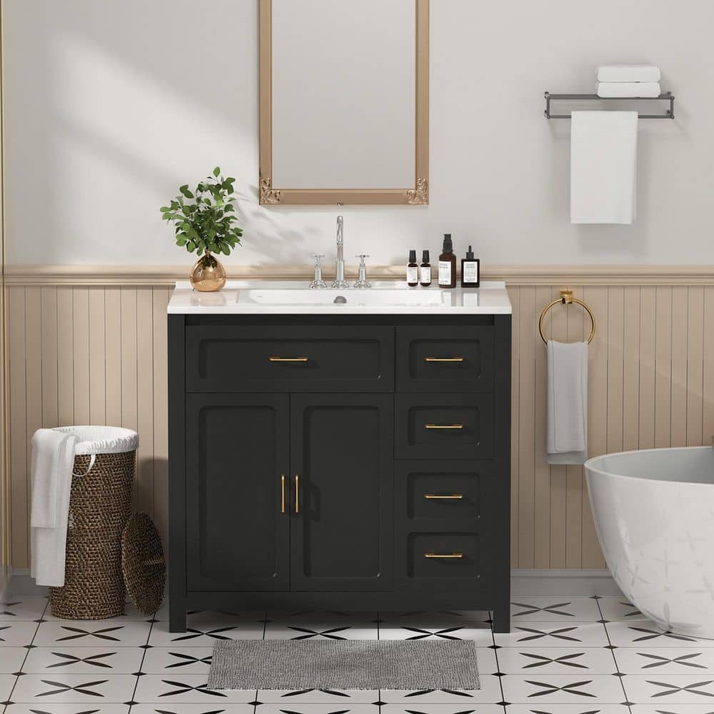 Findepot 36 in. Single Sink Freestanding Black Bath Vanity with White ...