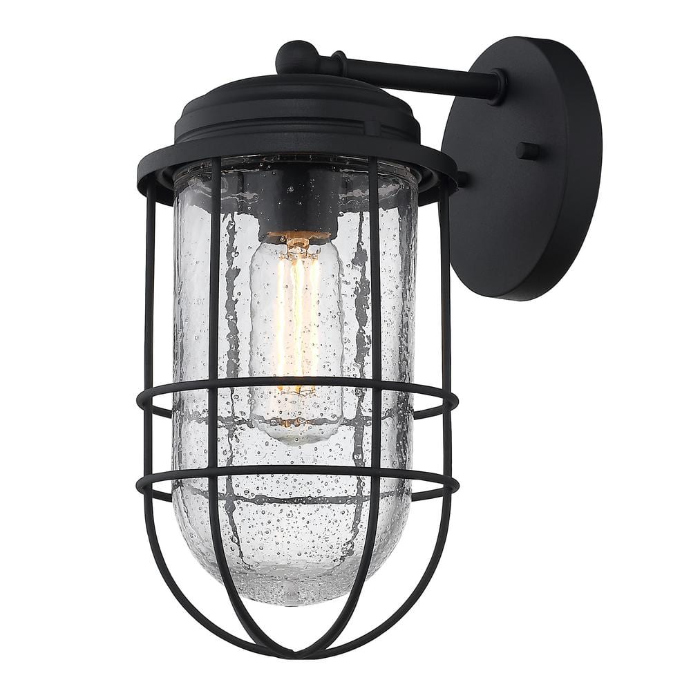 Black Industrial Dimmable Direct Wired Electric Sconce with Seeded Glass
