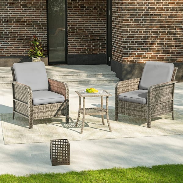 JOYESERY 3 Pieces Outdoor Armchair Patio Conversation with Side Table Set Gray Wicker with Gray Cushion