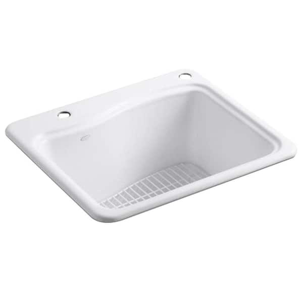 KOHLER River Falls Top Mount Cast-Iron 25 in. 2-Hole Single Bowl Utility Sink with integral washboard in White