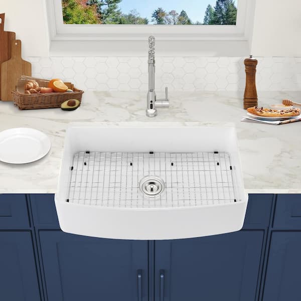 TOBILI White Fireclay 33 in. Single Bowl Farmhouse Arch Edge Apron front  Kitchen Sink with Bottom Grid and Basket Strainer W12-332010A-W - The Home  Depot