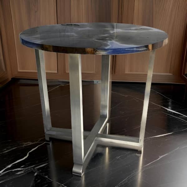 Benjara Custom 36.2 in. Blue Gray Round Resin Top Coffee Table with Sonokeling Wood Frame