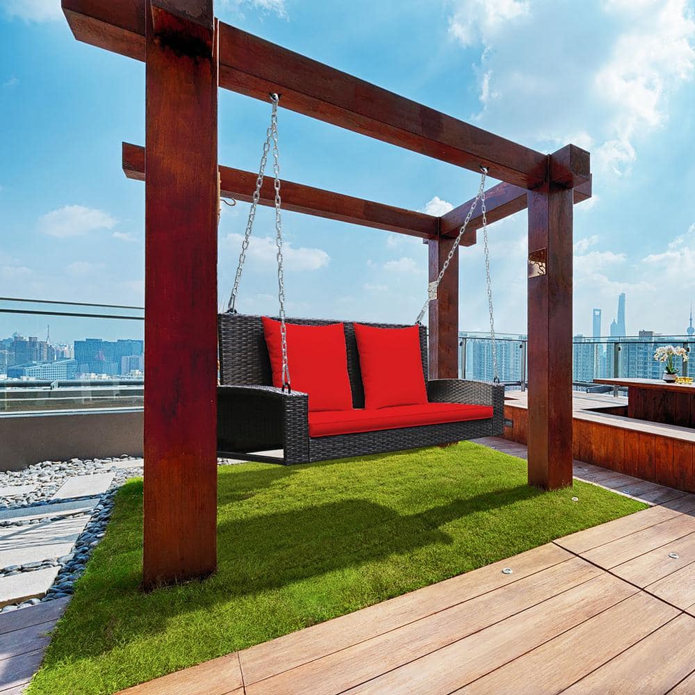 Red 2-Person Rattan Porch Swing with Cushions