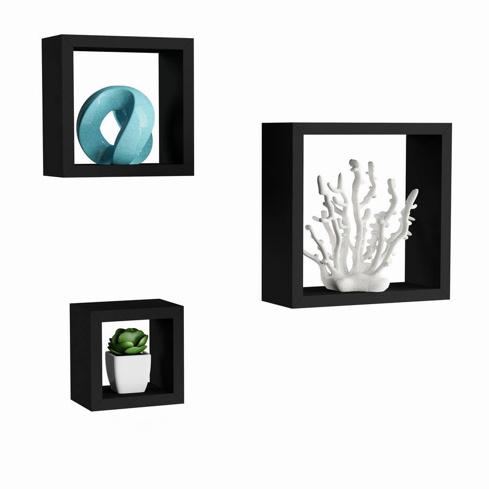 Black Wood Floating Cube Wall Shelf Set with Hidden Brackets