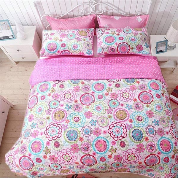 Cozy Line Home Fashions Flower Floral Bloom 4-Piece Multi-Color Pink Blue Green Orange Poly Cotton Queen Quilt Bedding Set and Throw Pillow, Pink/